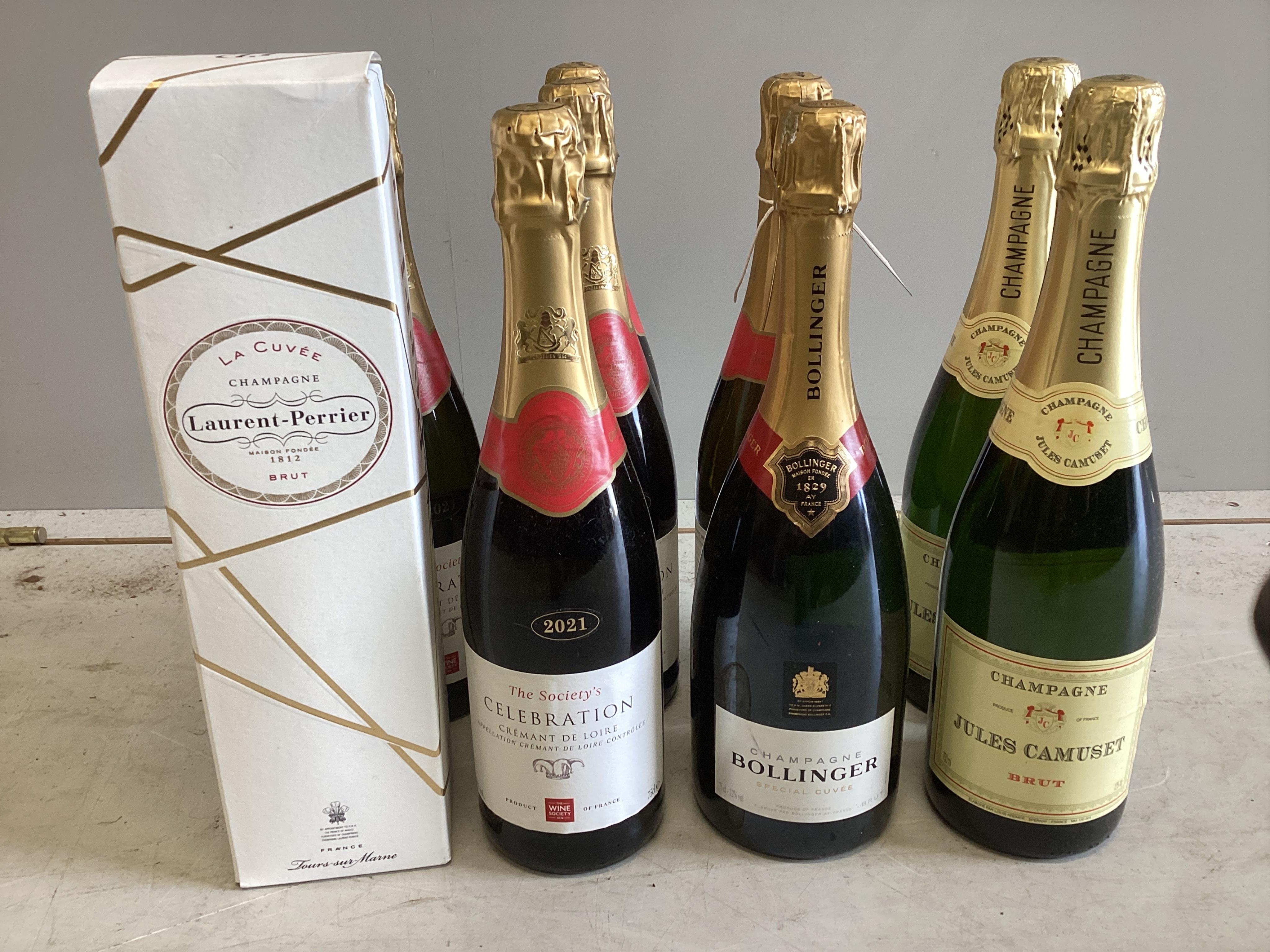 A boxed bottle of Laurent-Perrier Brut Champagne, a bottle of Bollinger Special Cuvee, two bottles of Jules Camuset Brut Champagne and five bottles of The Society Cremant De Loire (9) Surplus stock from a local wedding p